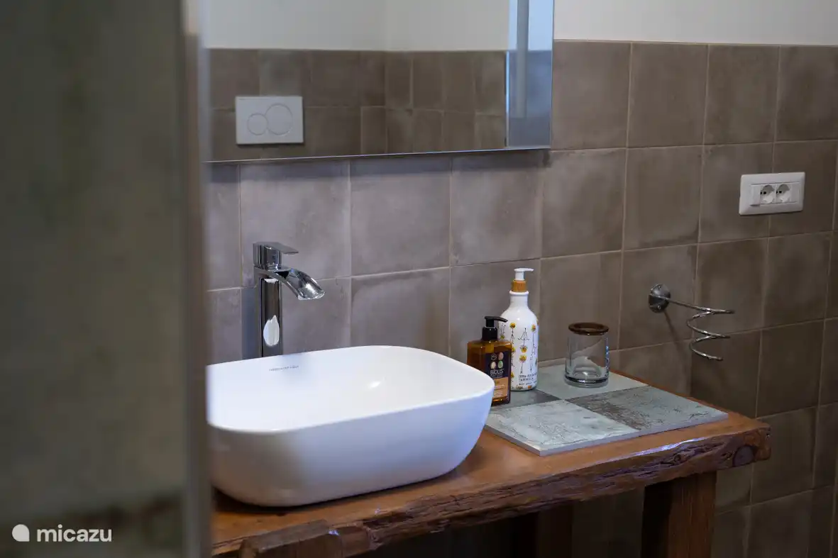 Luxuriöses Badezimmer mit Bio-Duschprodukten, Friseur-Haartrockner mit Düsen und umfangreichem Handtuchset. 