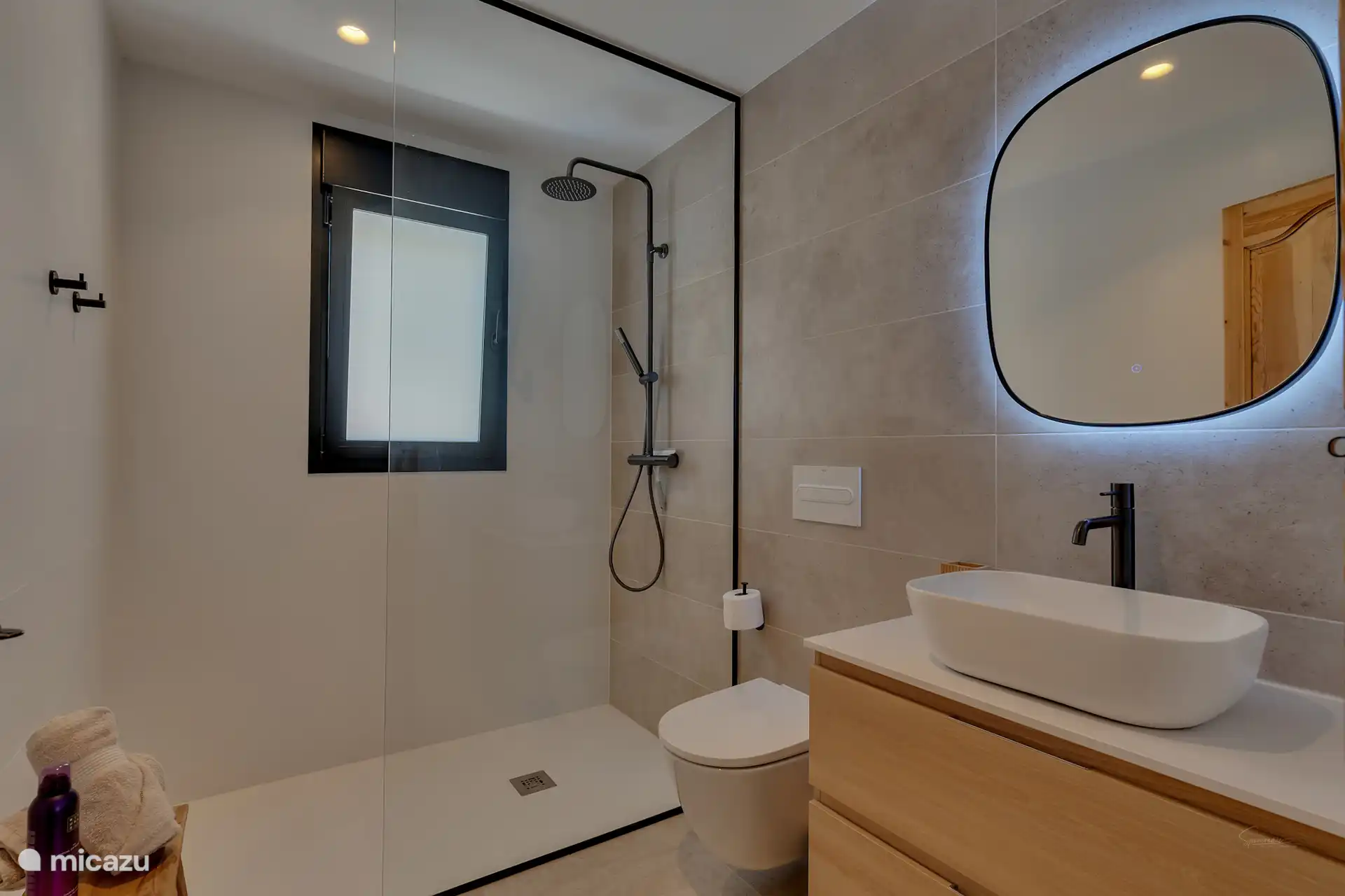 Luxuriöses Badezimmer an der Vorderseite mit geräumiger ebenerdiger Dusche, Waschbecken und Toilette