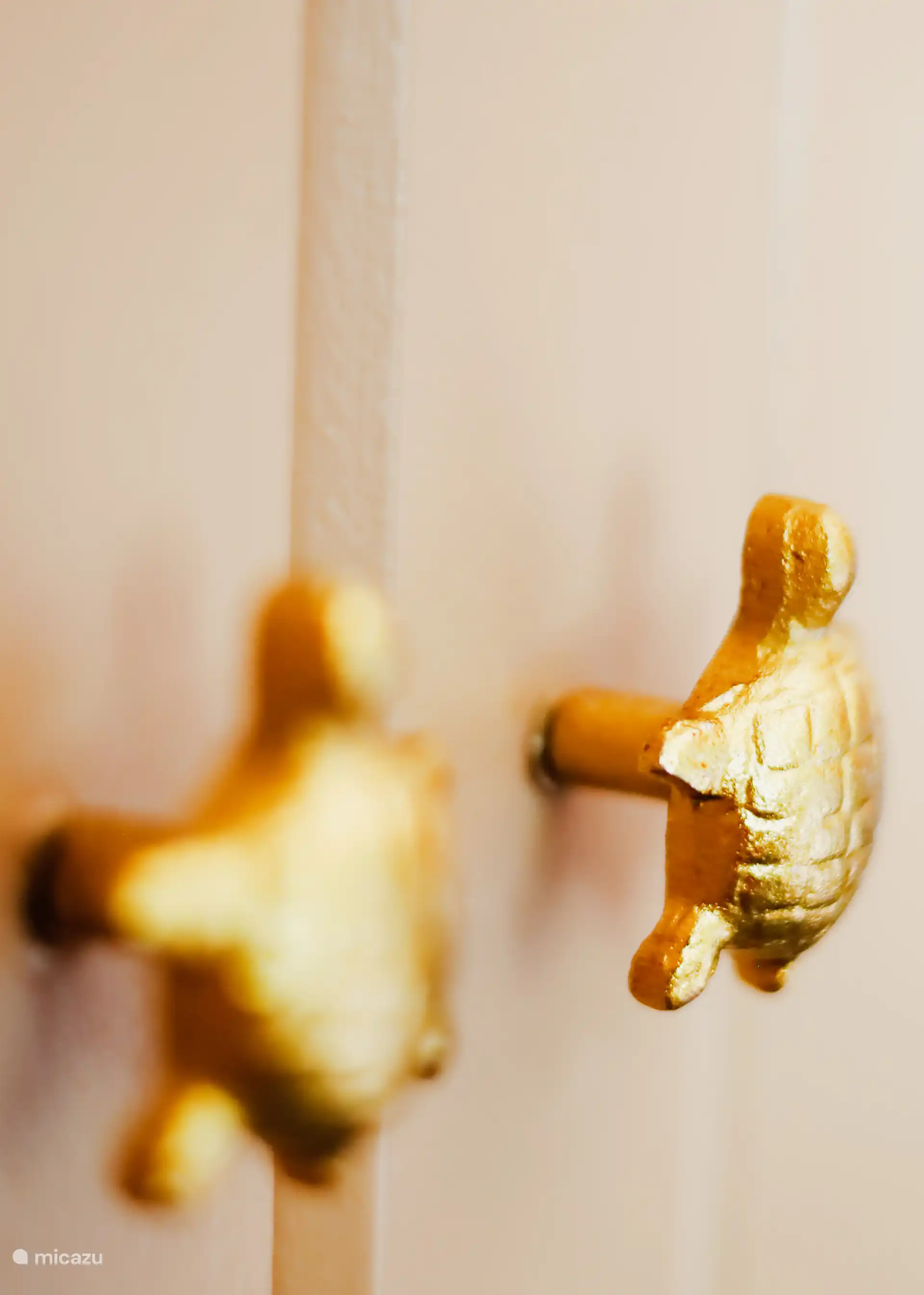 Incluso el armario rezuma atmósfera: estos ganchos de tortuga dorados le dan al dormitorio un acento lúdico y tropical