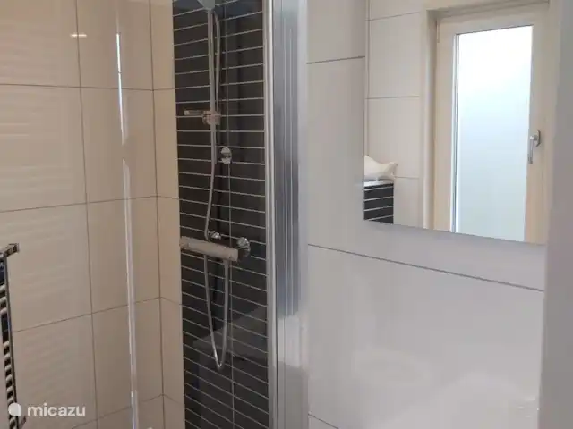 Lieu de repos au bord du lac  | Pays-Bas, Gueldre, Nunspeet - bungalow La cabine de douche et le miroir sous un angle différent