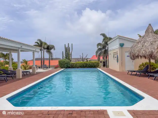 Location de Vacances Curaçao, Banda Ariba (est), Groot Sint Joris, studio - Studio 22 Curaçao La belle piscine, avec des chaises longues et de l’ombre et de belles vues.