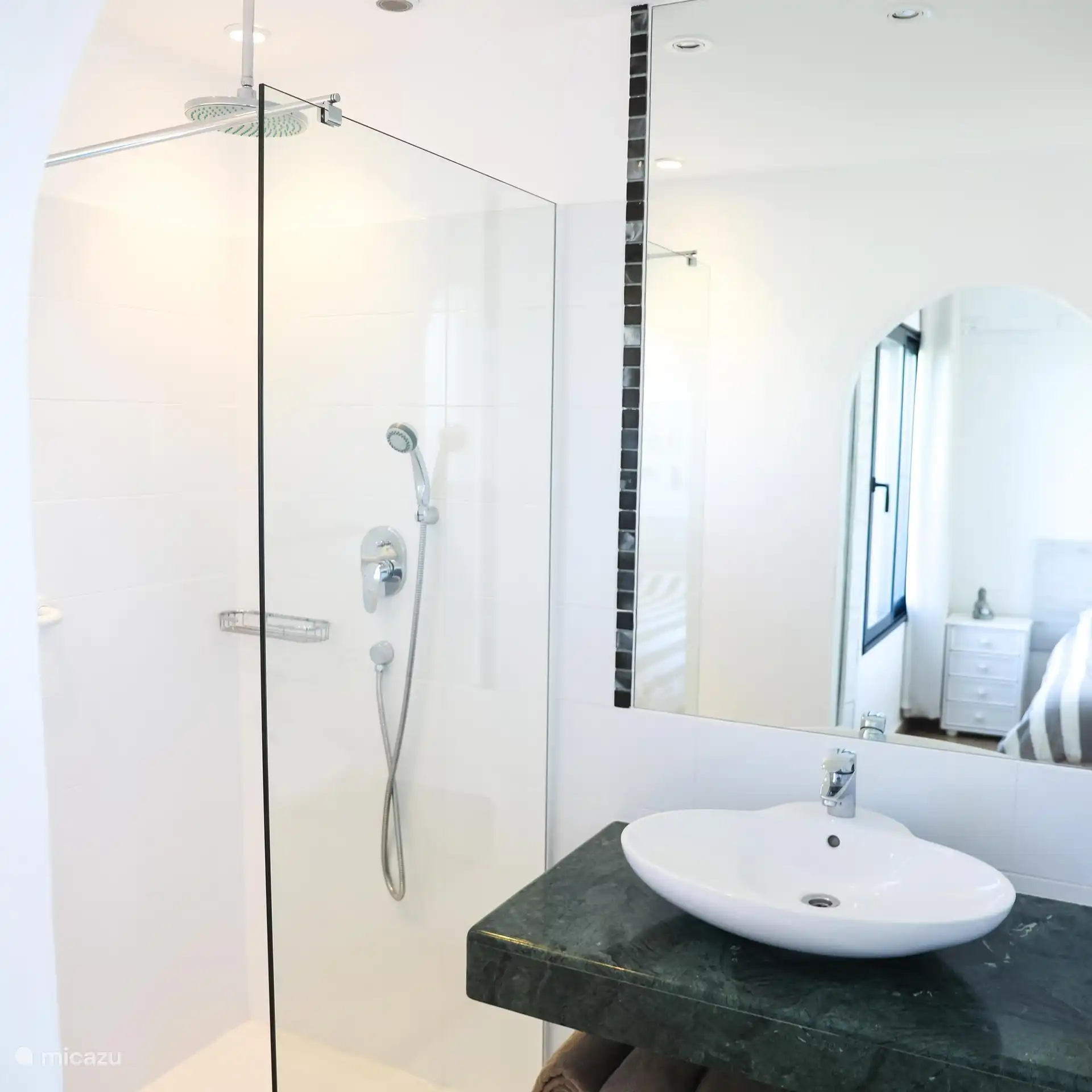 Salle de bain attenante avec douche, lavabo et toilettes.