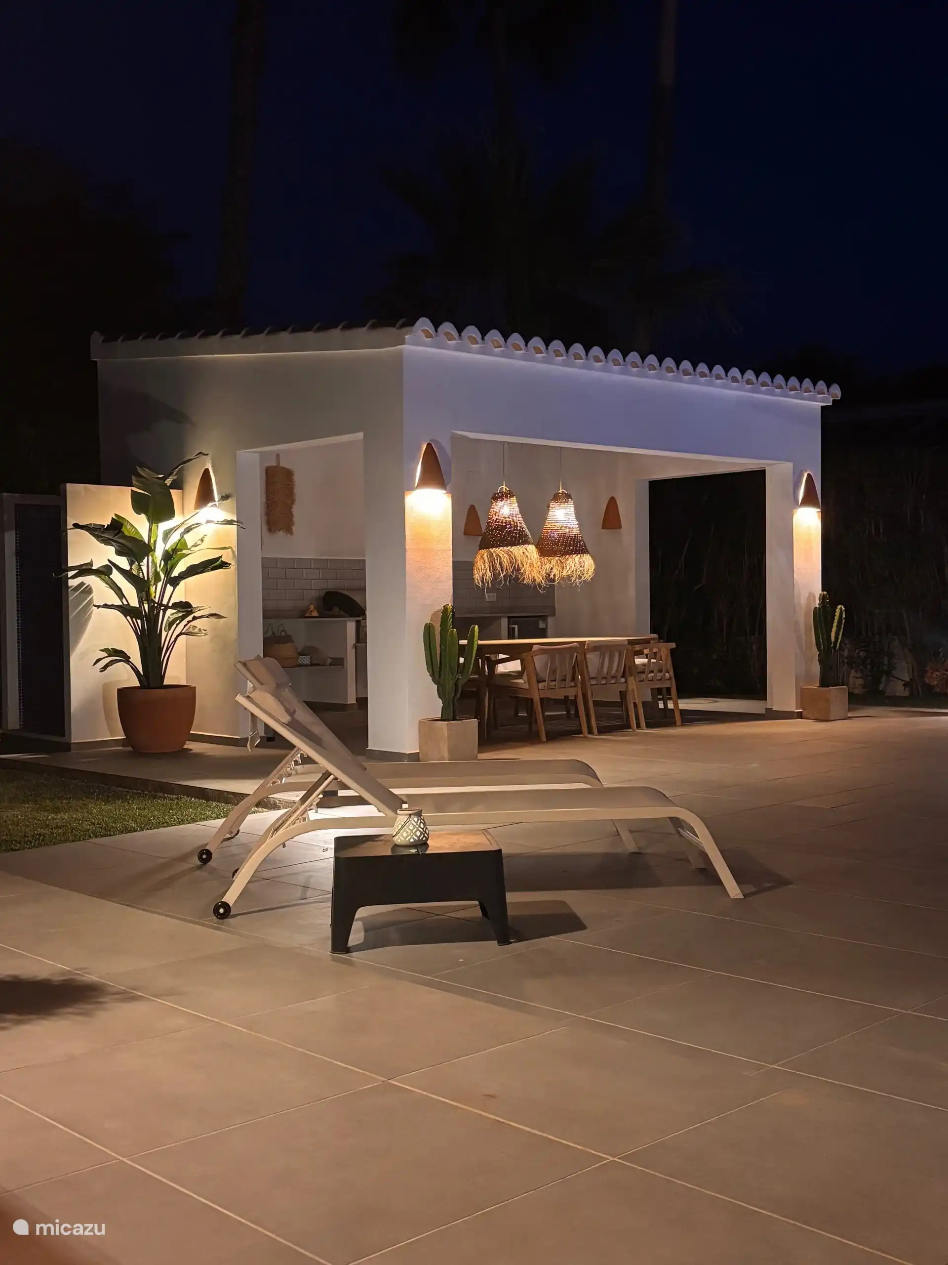 Le jardin et la maison sont magnifiquement éclairés la nuit. 