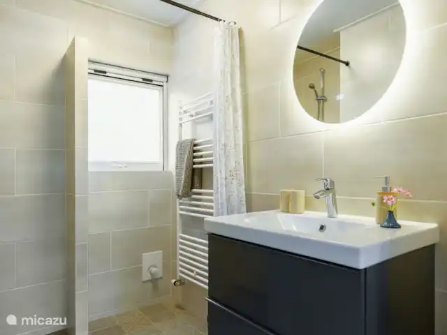 El dálmata en Países Bajos, Güeldres, Winterswijk - casa vacacional El baño con ducha a ras de suelo y lavabo
