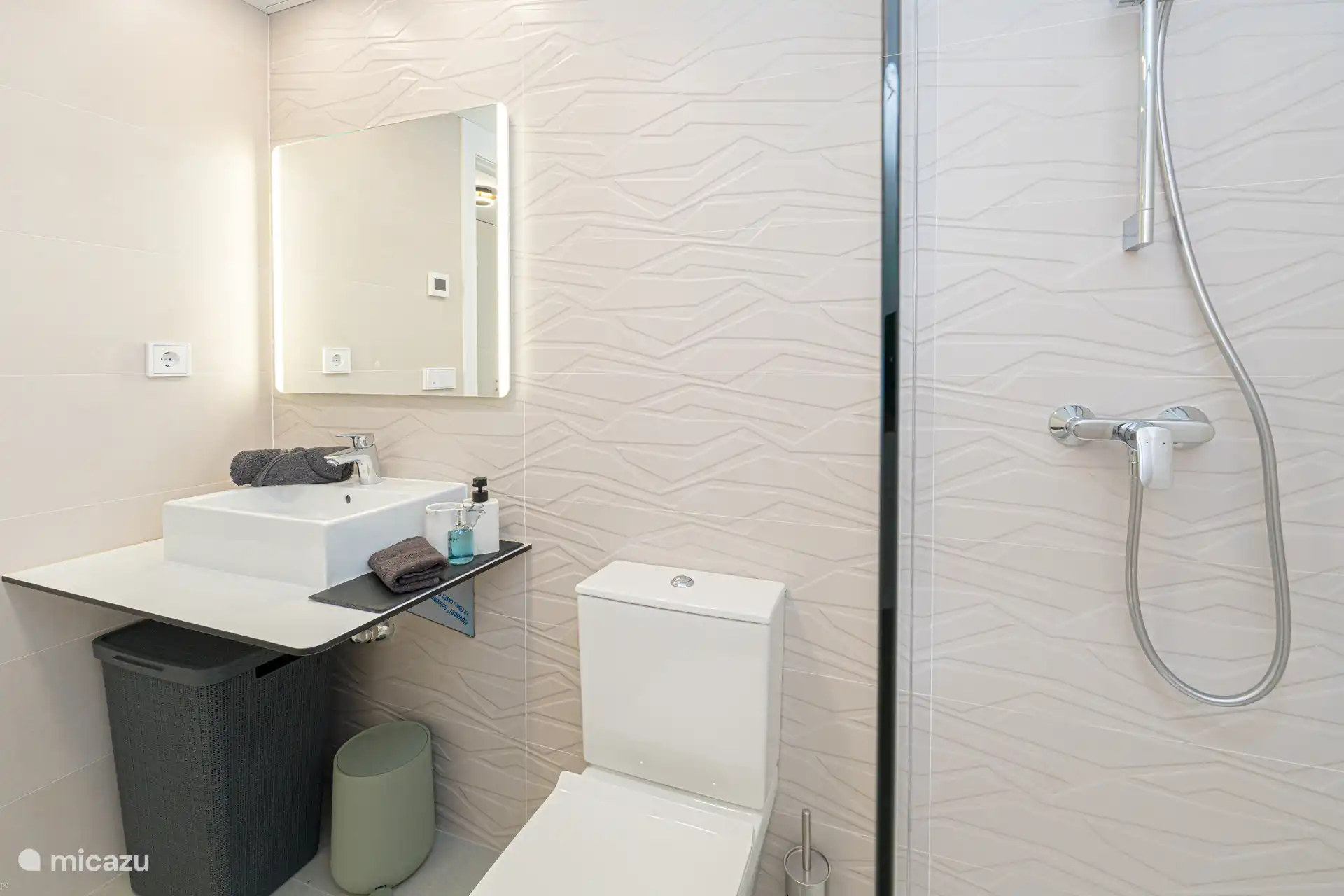 Oréa - Badezimmer mit Waschbecken, WC und Dusche.