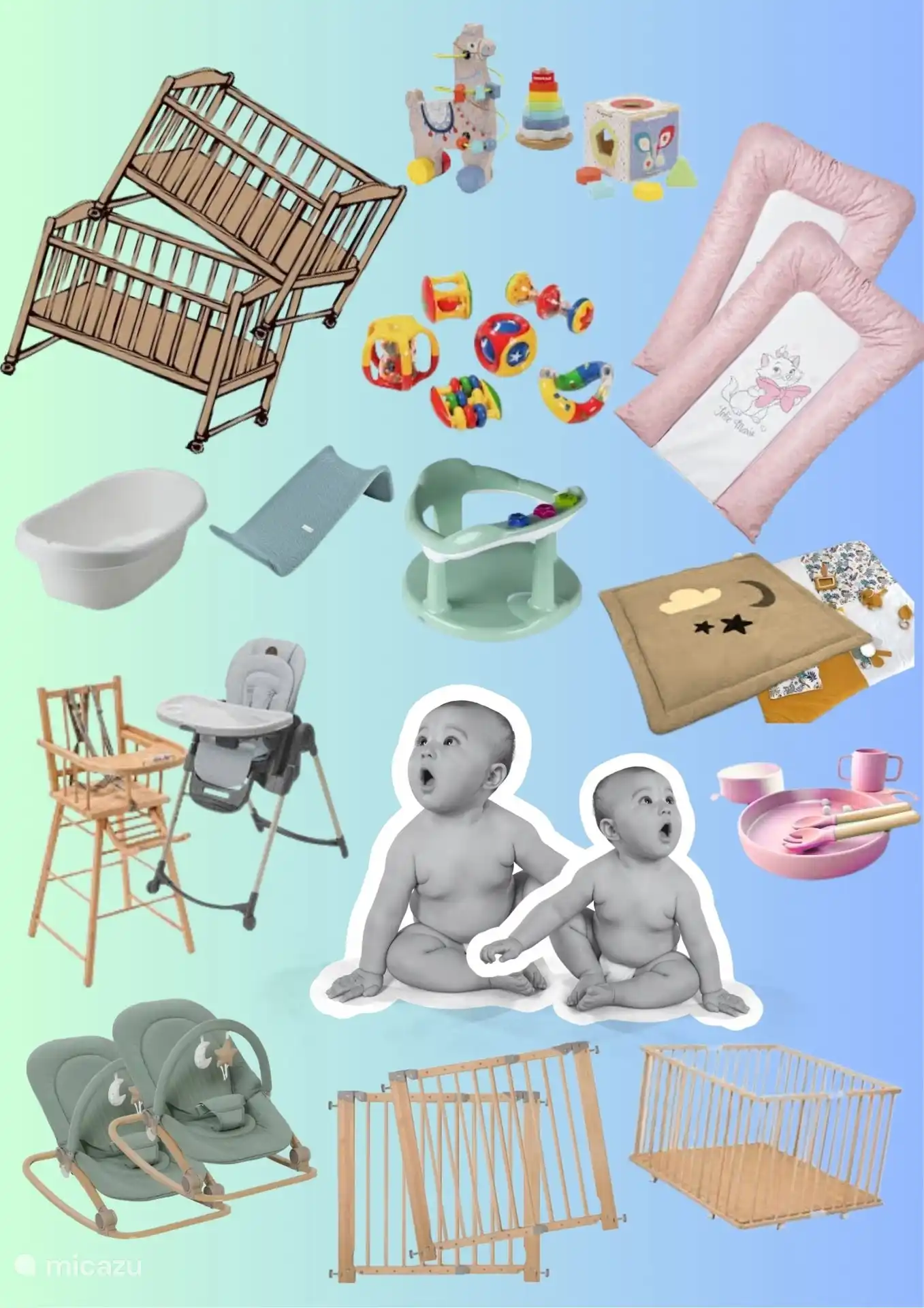 Todo en el lugar para 2 bebés: camas de verdad, tronas, parque infantil, tumbonas, cambiador, barandillas de seguridad, platos, juguetes, etc