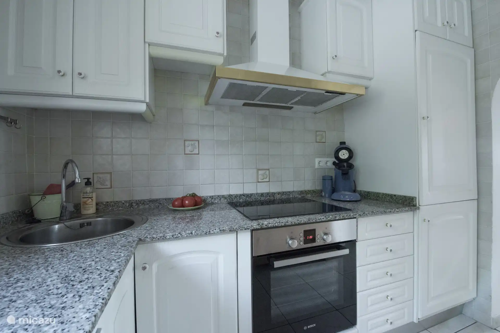 La cuisine est équipée d’un réfrigérateur, d’un four et de plaques électriques.