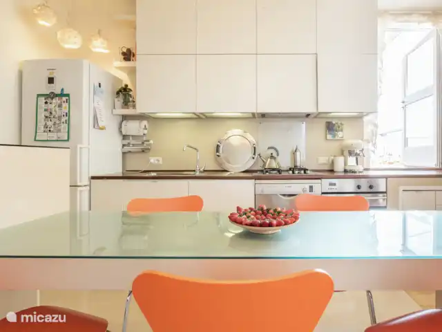 Appartement d’artiste avec vue sur le lac | Italie, Lad Majeur, Ispra - appartement Cuisine lumineuse et bien équipée avec machine à expresso Smeg, climatisation et accès à la terrasse par quatre marches.