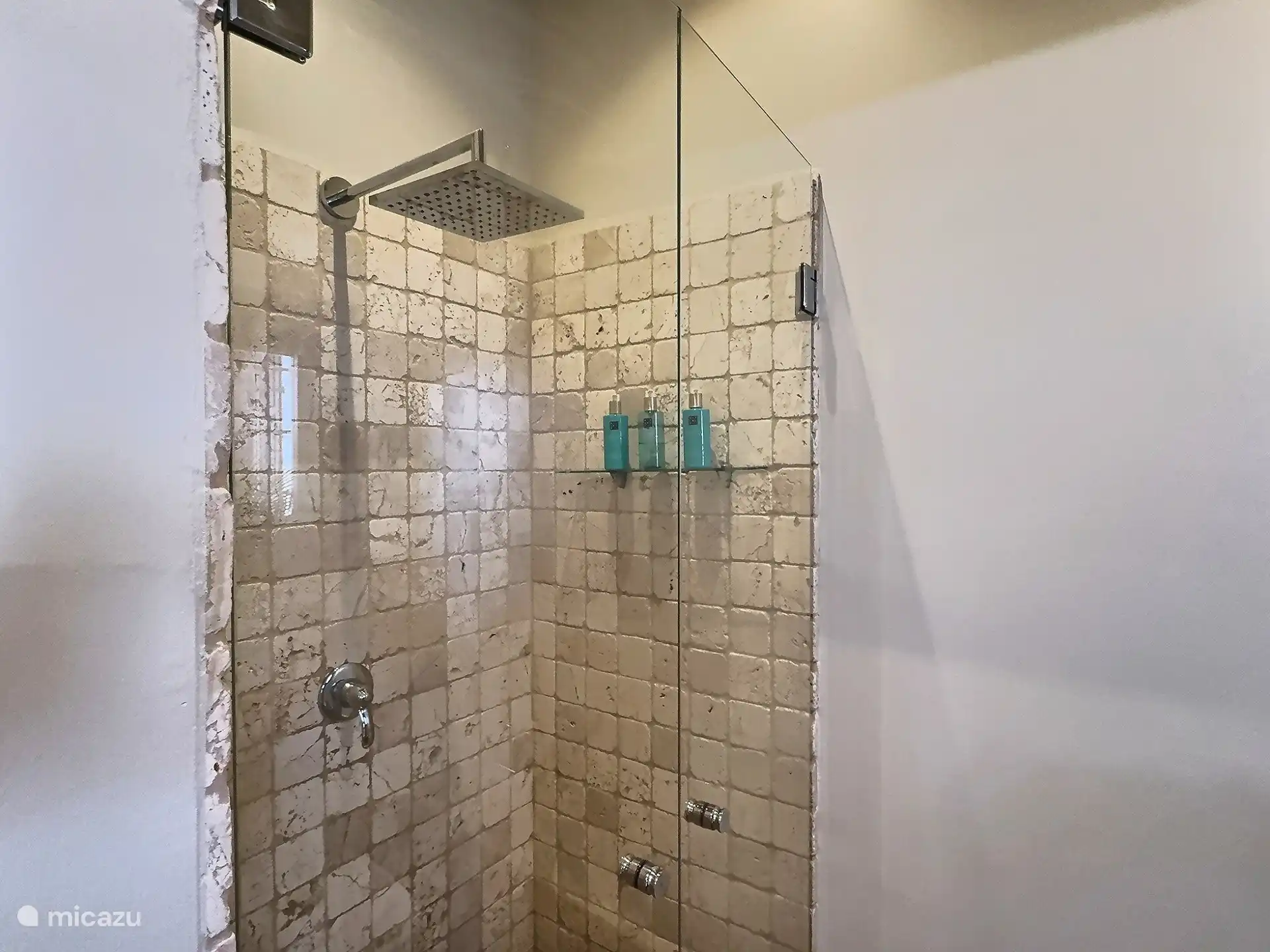 Die Dusche der Suite mit Kingsize-Bett.