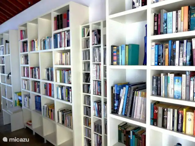 Villa Atlántico  en España, La Palma, Tijarafe - villa La sala de estar tiene una estantería enorme, hay algo para todos.