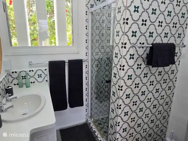 apartamento en Sudáfrica, Cabo Occidental, Somerset Oeste – El apartamento de vacaciones Lodge  Baño recientemente renovado con ducha espaciosa equipada con un cabezal de ducha grande ajustable y un grifo mezclador