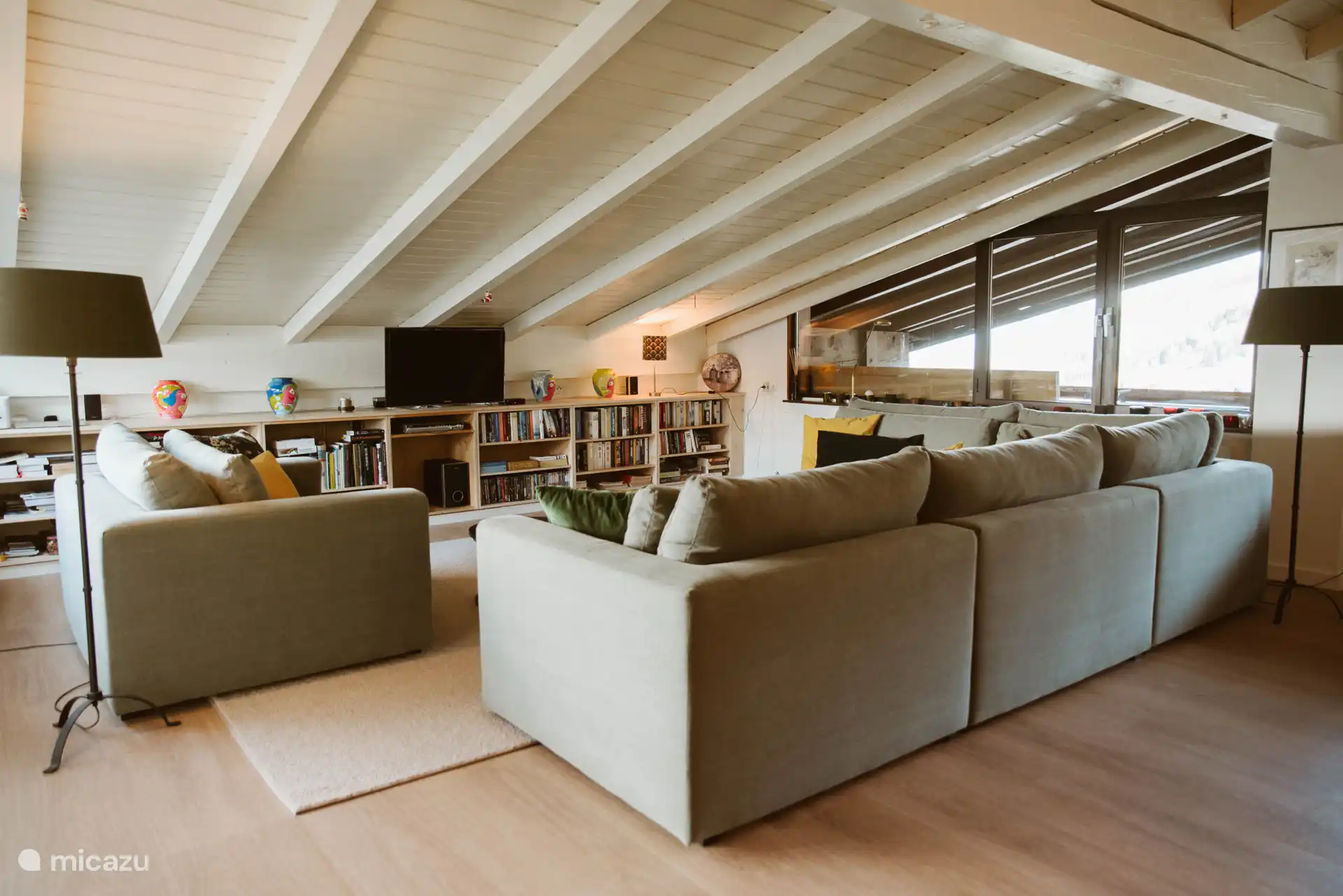 Spacious sitting area with corner sofa and 1.5 loveseat. TV with streaming services and Google TV