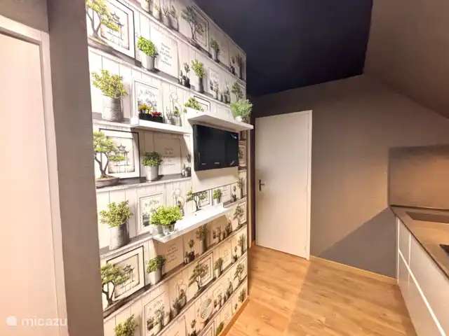 Location de Vacances France, Dordogne, Château-l'Évêque, appartement -  Pumbaa 8 min. du centre de Périgueux La cuisine au premier étage est équipée d’un combiné micro-ondes / four, d’un grand réfrigérateur avec compartiment congélateur séparé et d’une plaque à induction.