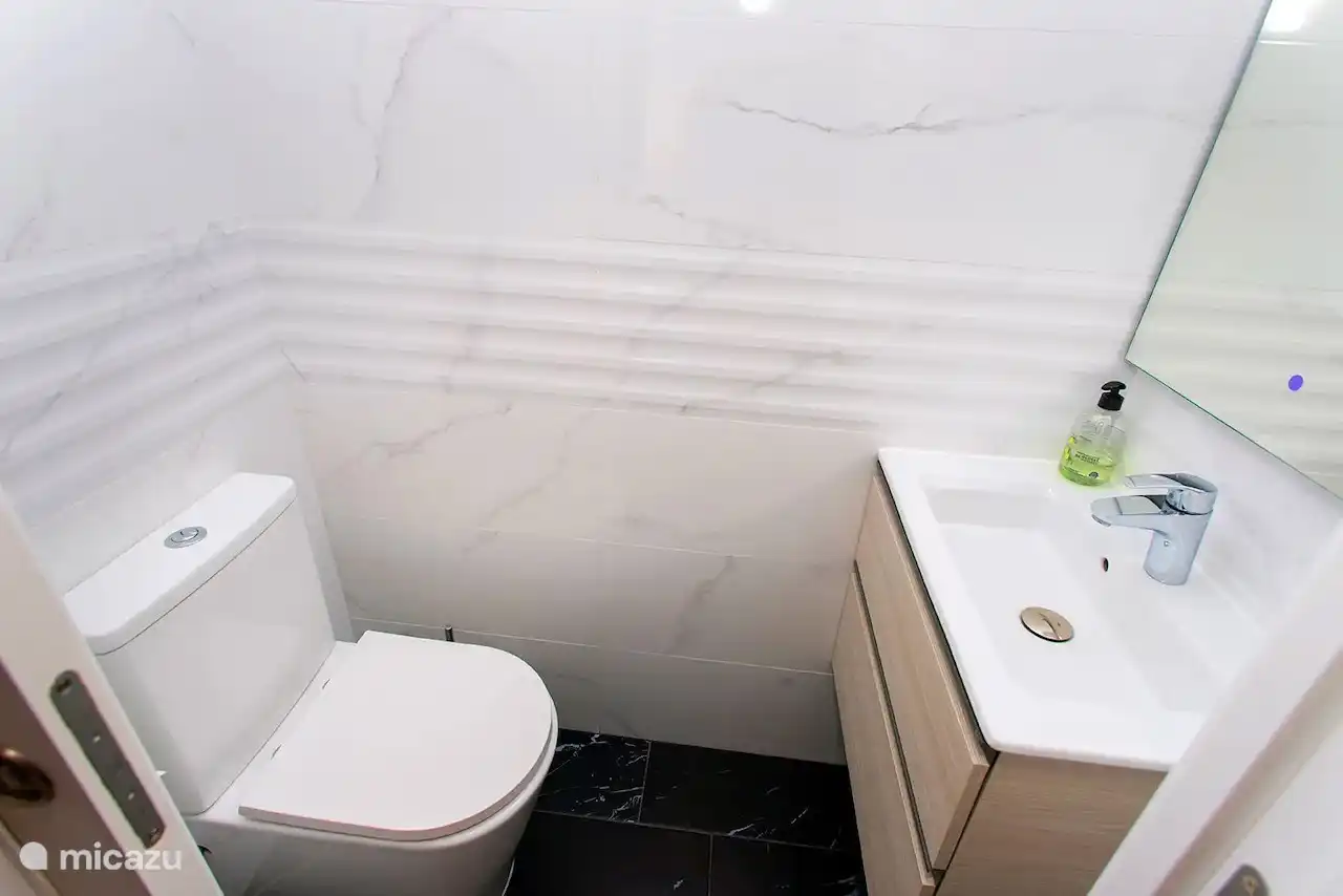 Dormitorio principal, baño privado y lavabo.