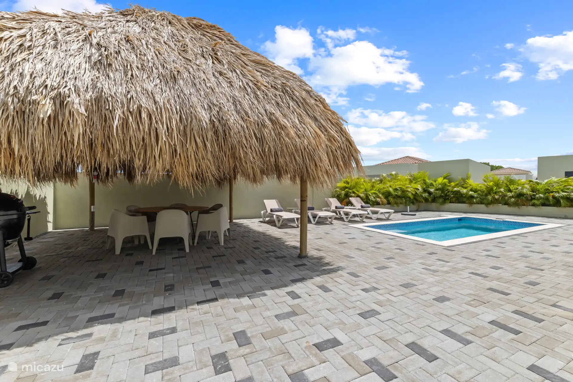Relax under the palapa overlooking the pool – the ideal place to enjoy the sun and shade.