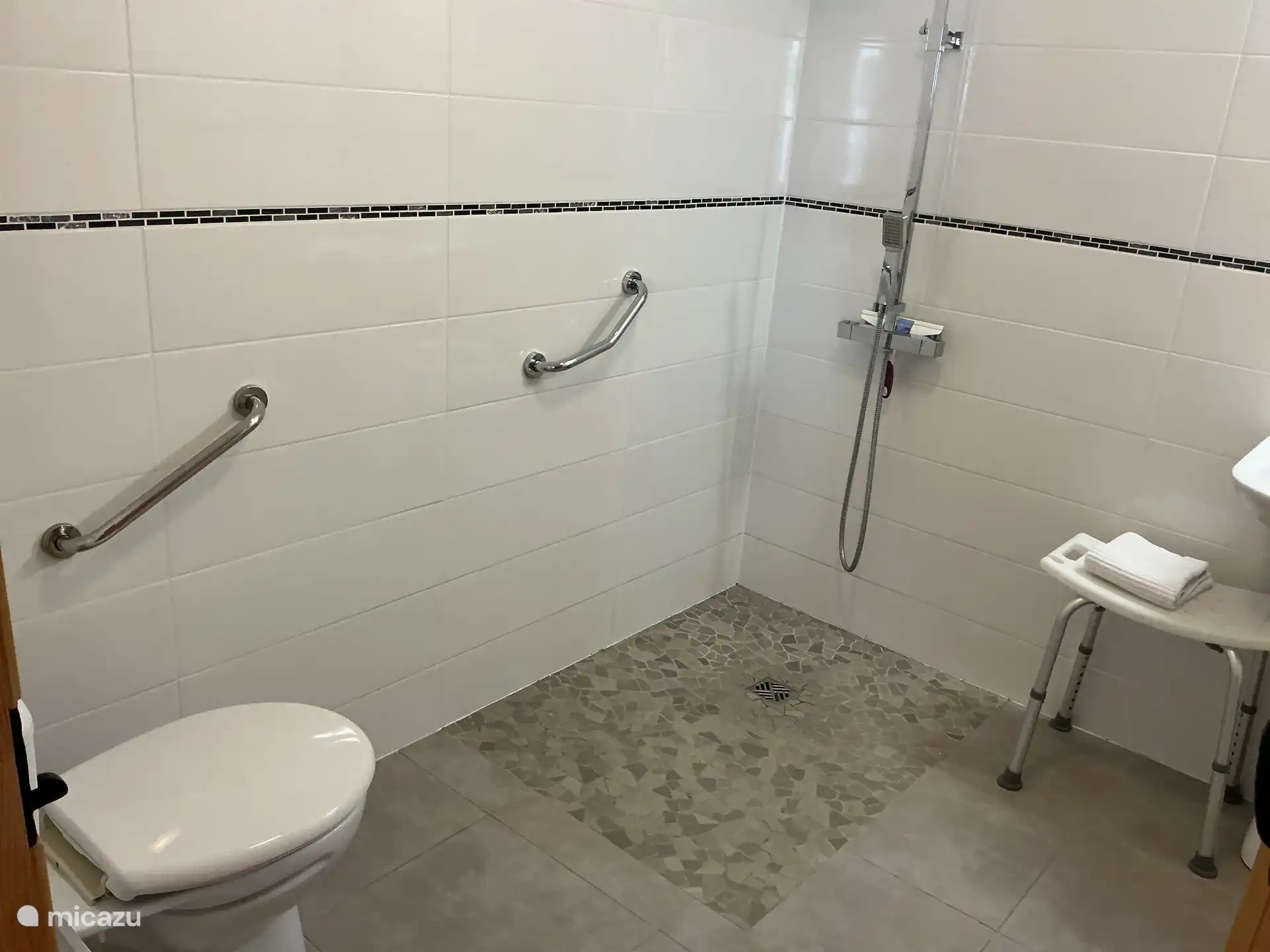 Salle de bain au rez-de-chaussée avec lavabo, toilettes et douche à l’italienne.