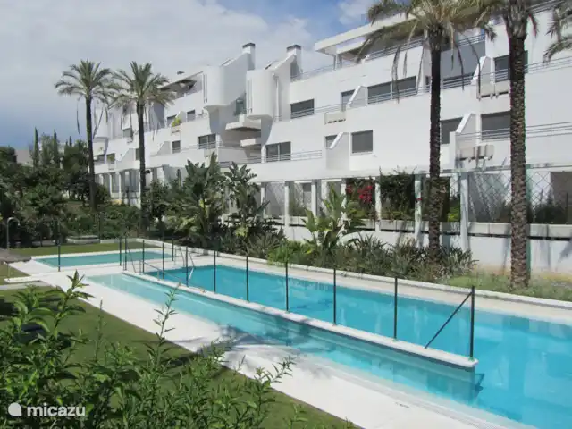 Location de Vacances Espagne, Costa del Sol, Mijas Costa, appartement - Sense-sol Troisième piscine à 50 m de l’appartement. Accessible en fauteuil roulant, profondeur 1,4 m avec pataugeoire (0,4 m). Clôturé, accès par balise, avec solarium, parasols fixes et transats.