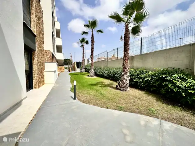 Casa Rosa en España, Costa Blanca, Orihuela Costa - apartamento Entrada con senderos bien cuidados con palmeras y vegetación alrededor del complejo.