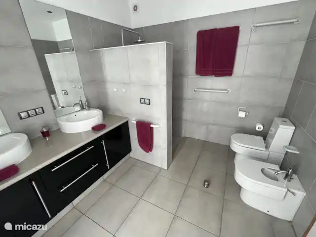 Villa Buenavista | Espagne, La Palma, Tijarafe - villa La salle de bain dispose d’une douche à effet pluie torrentielle, de deux lavabos, d’un sèche-cheveux et de toilettes.