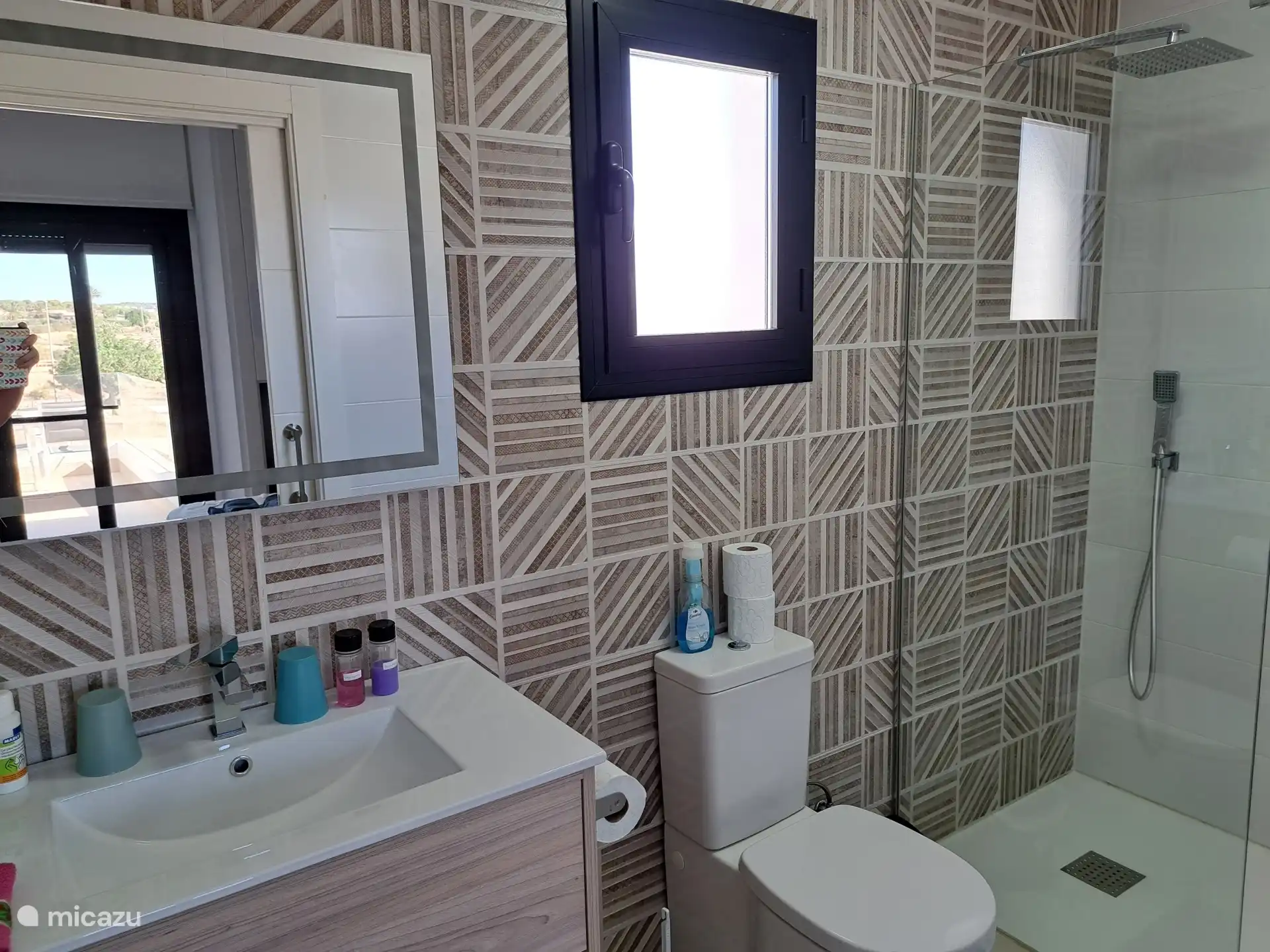 Badkamer met lavabo, toilet en inloopdouche