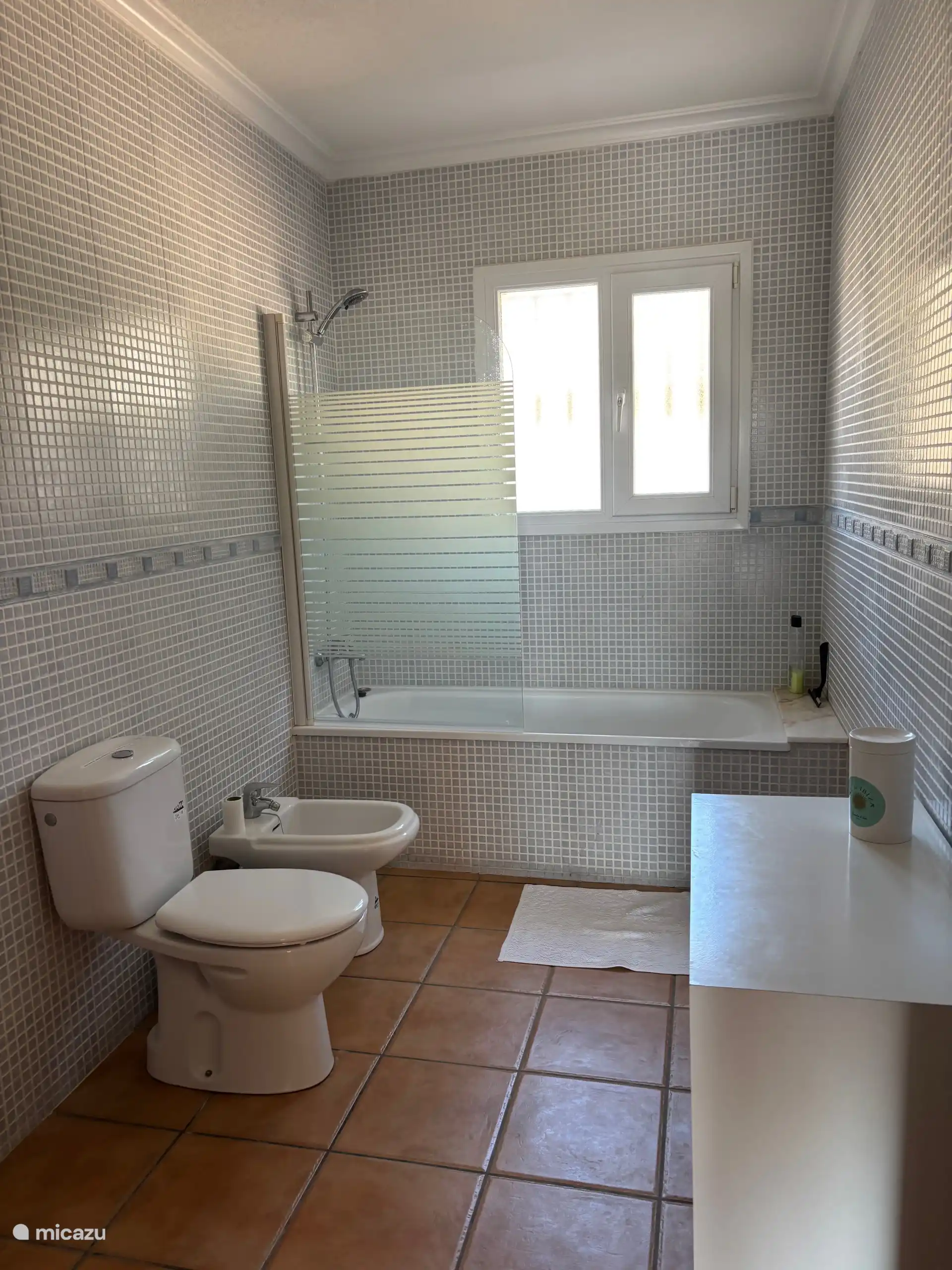 Badezimmer mit Dusche und Badewanne. Auch mit WC und Bidet ausgestattet. 