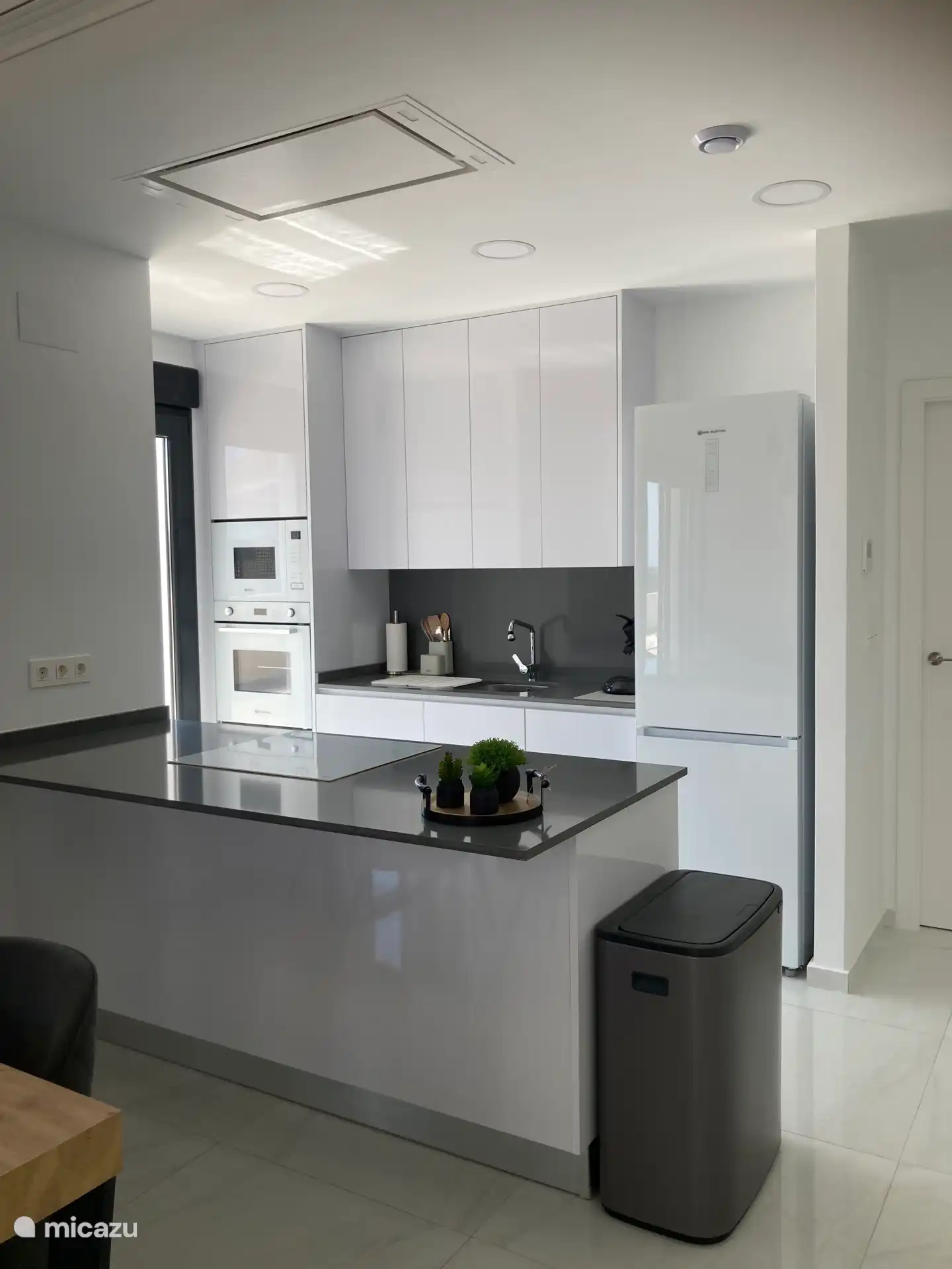 Open kitchen with induction hob, oven, microwave, coffee maker, kettle, toaster, plenty of kitchen utensils 