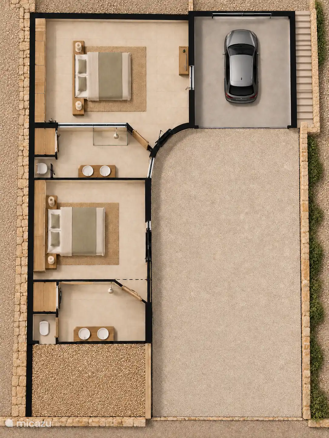 Deze 2 grote slaapkamers bevinden zich beneden en zijn buitenom te bereiken. Geven veel privacy en ruimte!!