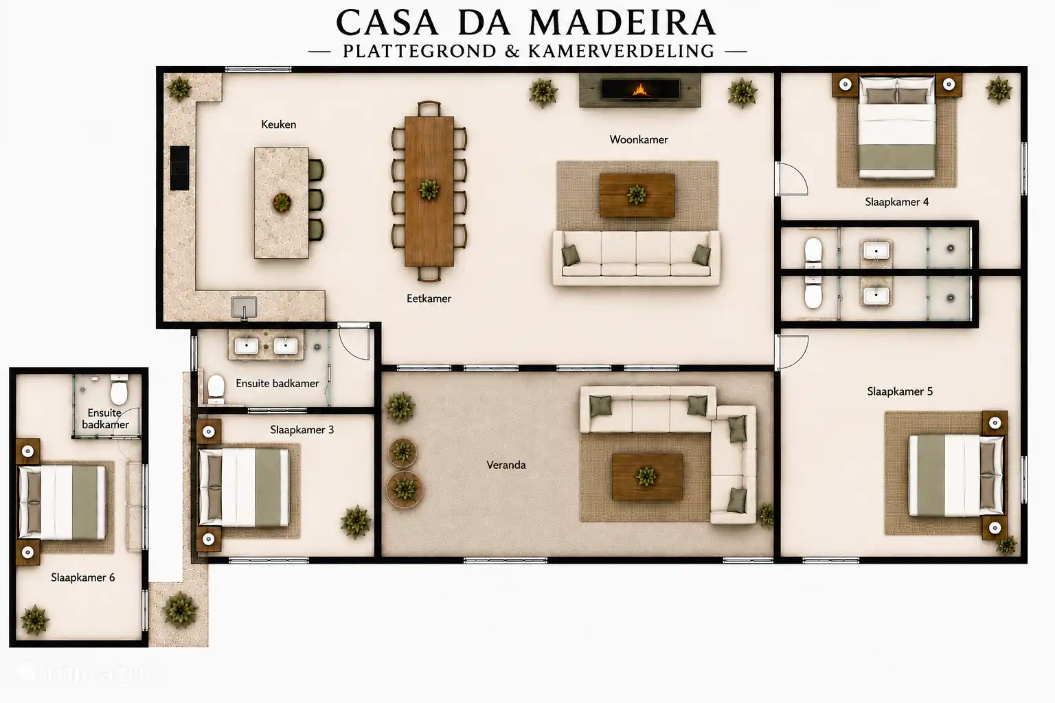 Dit is de plattegrond van het huis en de poolhouse op hoogte van het zwembad en tevens de buitenkeuken.