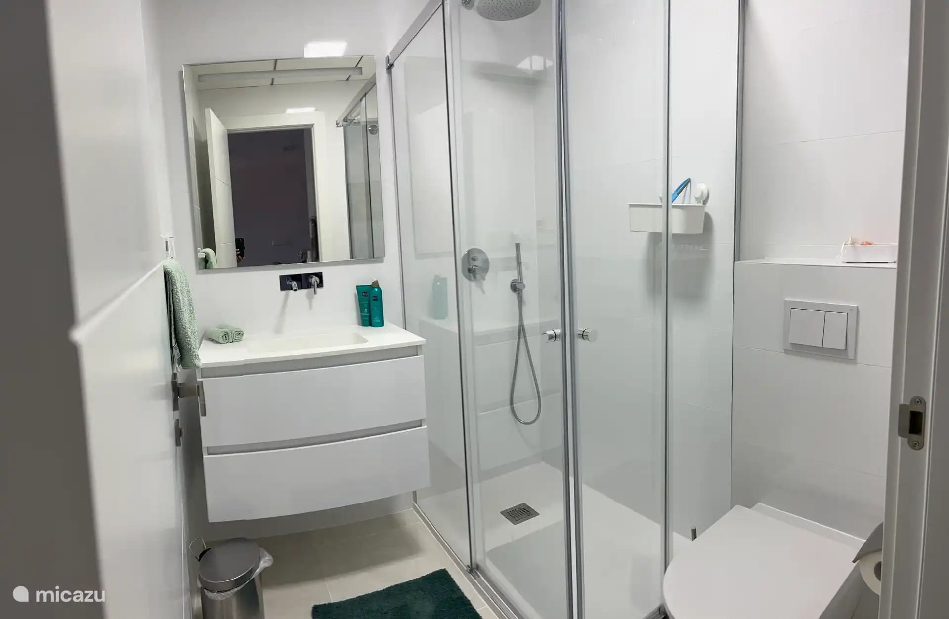 Badkamer 2 met regen en hand douche, toilette, badkamermeubel met 2 lades. 