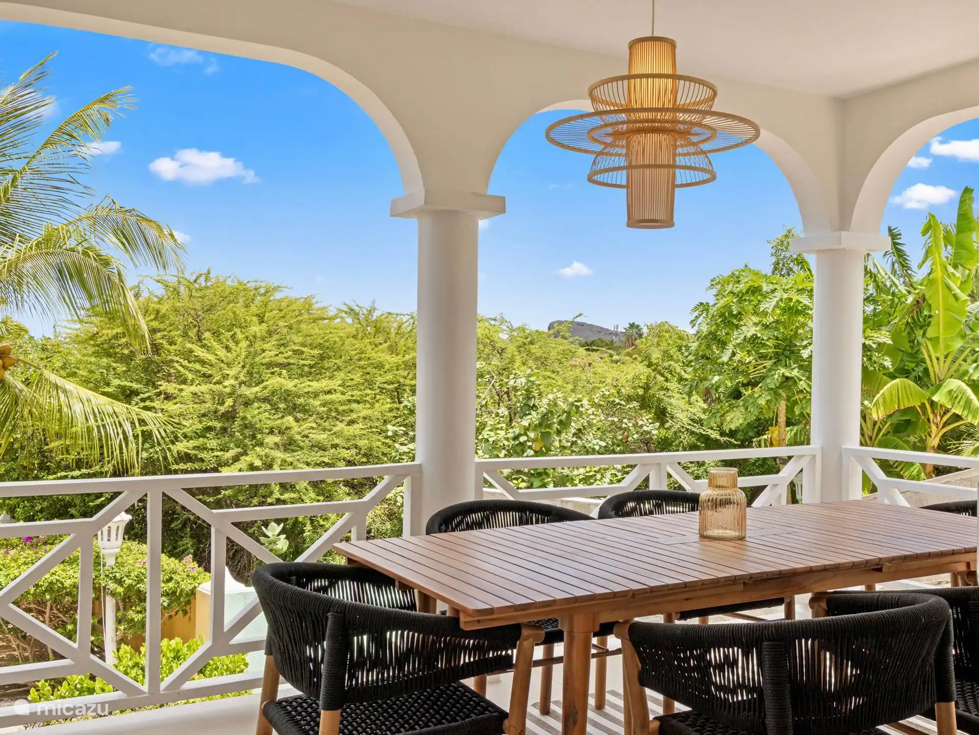 Amplia terraza con vistas al jardín de palmeras y a las montañas