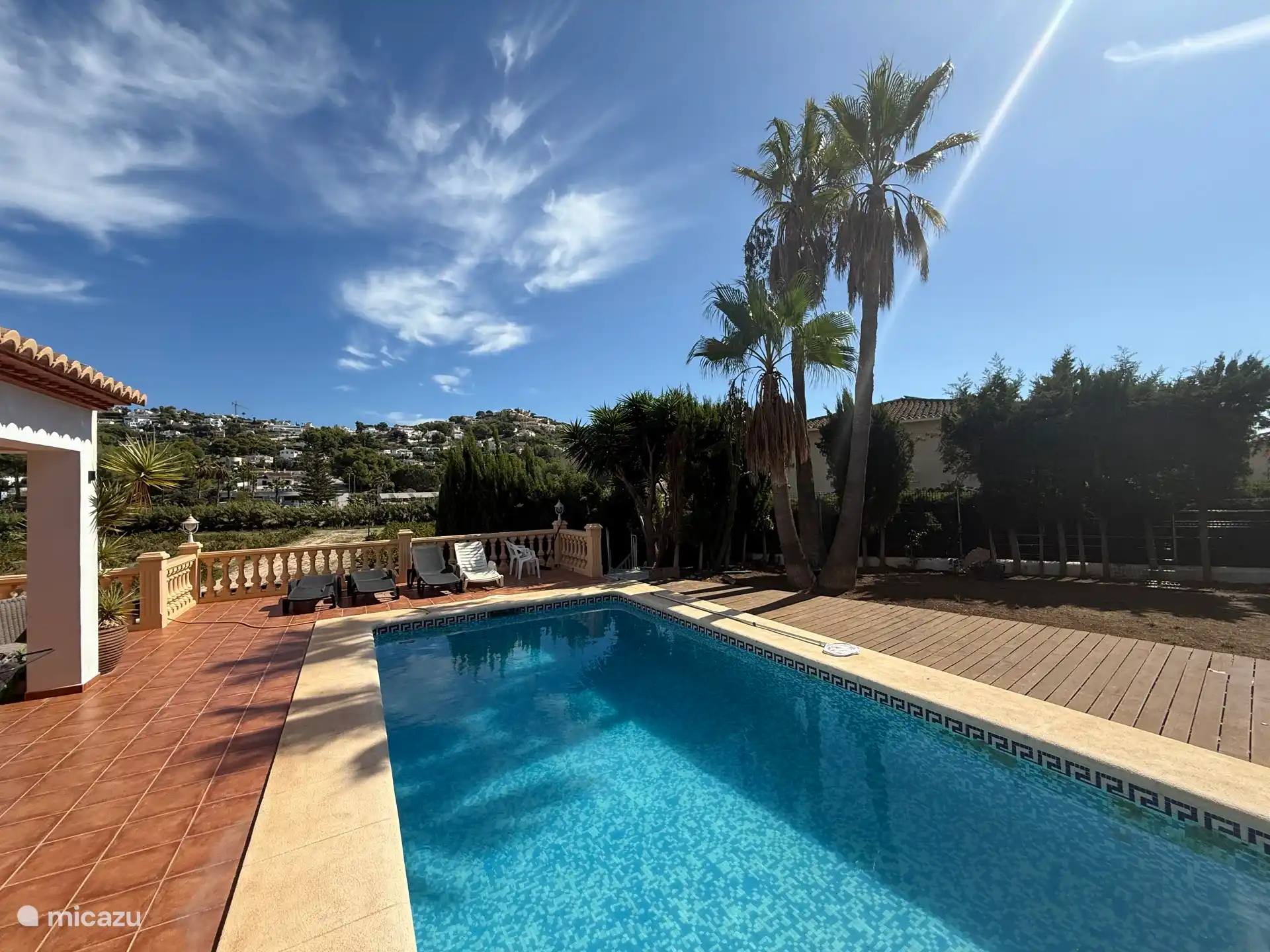 Grande piscine avec des palmiers.