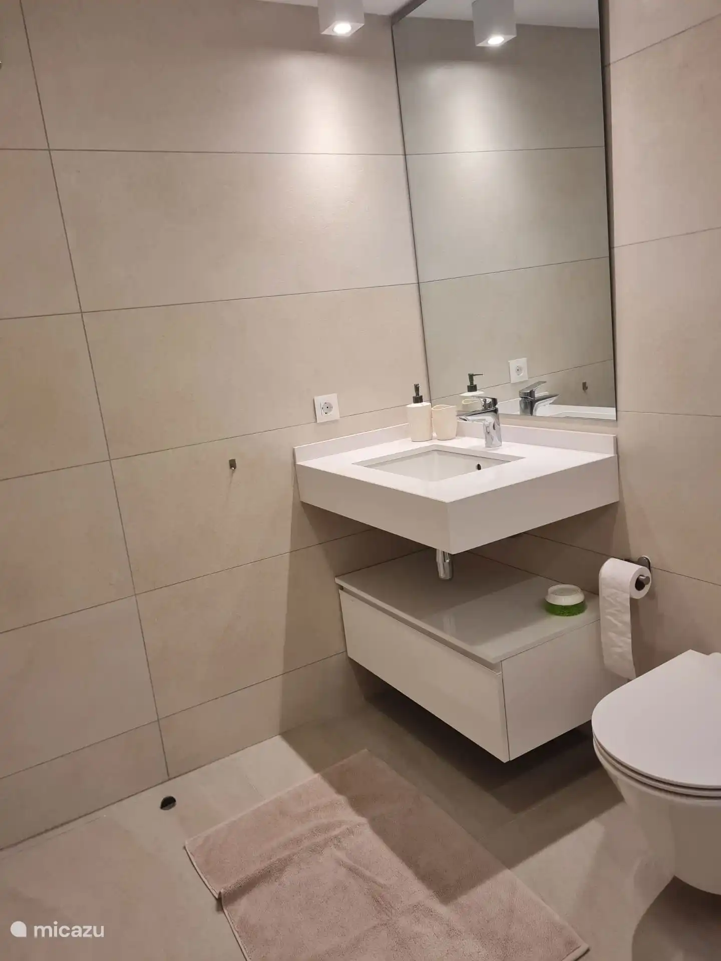De master bedroom heeft een eigen badkamer met douche en toilet
