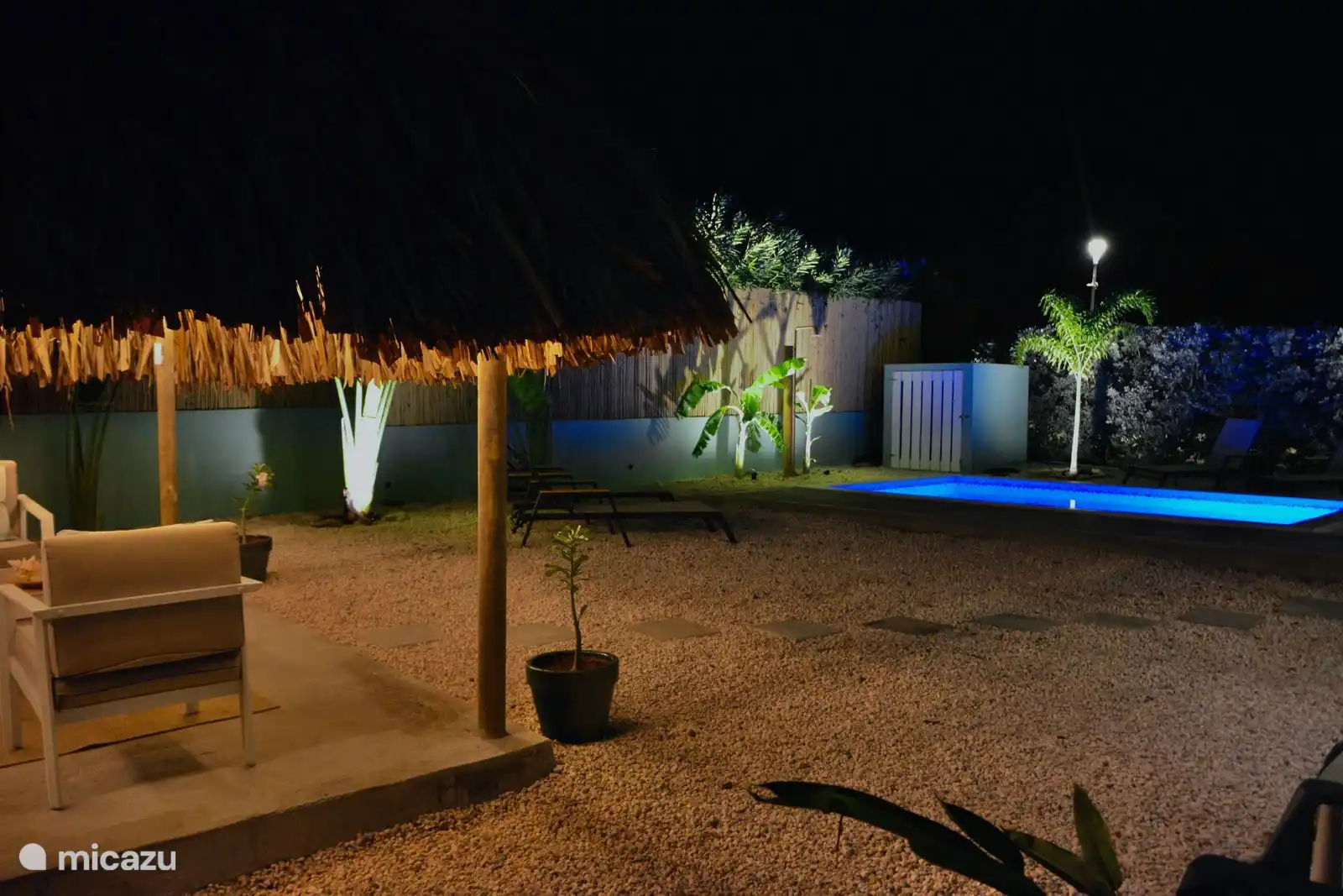 Atmosphärischer Fotogarten am Abend.