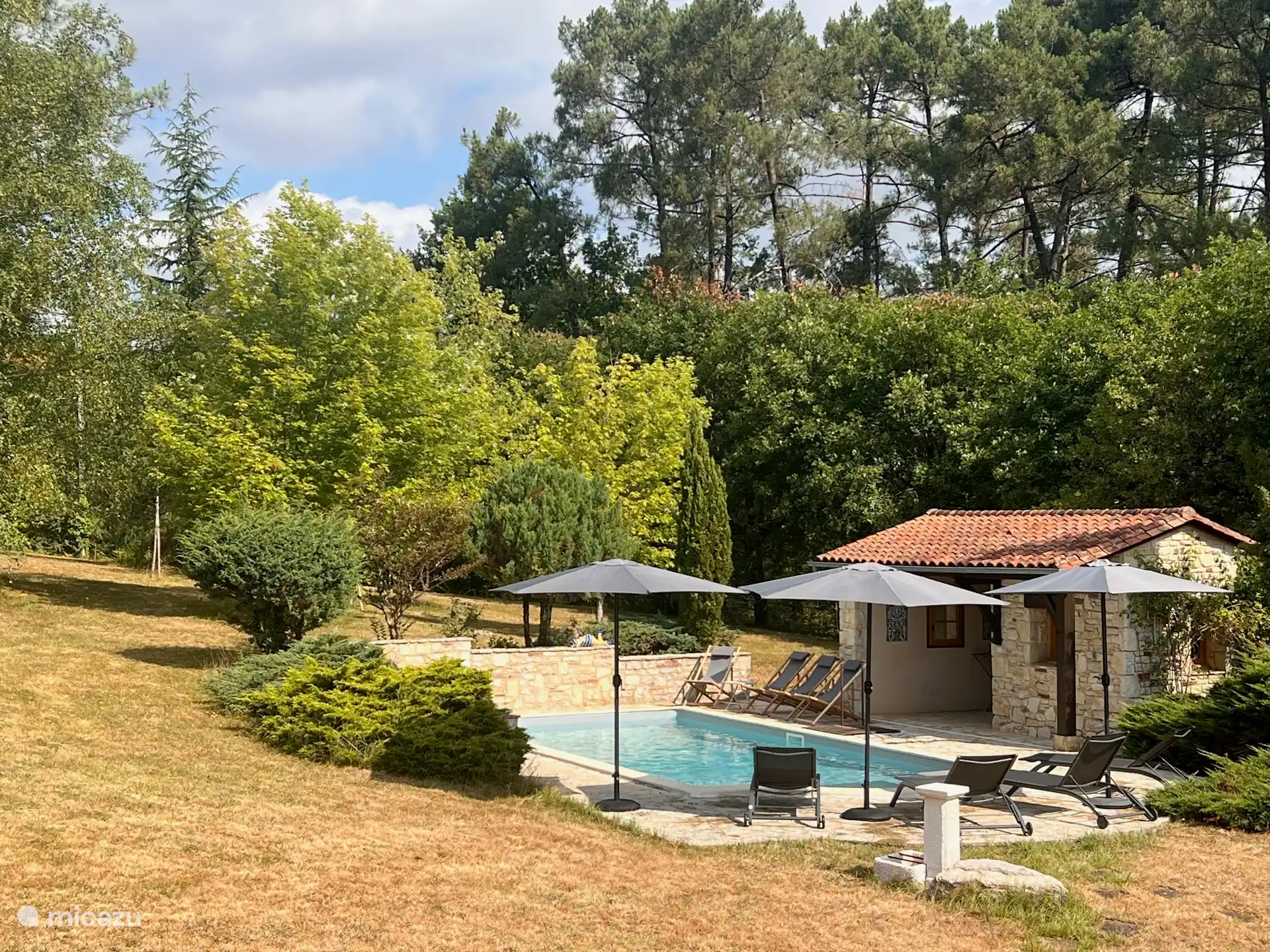 Schwimmbecken 8,5 x 4 m (Tiefe bis zu 2 Meter!) ausgestattet mit ausreichend Gartenmöbeln für 10 Personen.