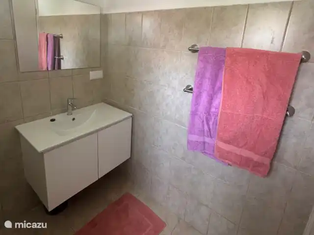 Location de Vacances Curaçao, Banda Abou (ouest), Barber, villa - Villa de luxe -panormisch/Piscine privée Lavabo avec miroir et porte-serviettes à main.