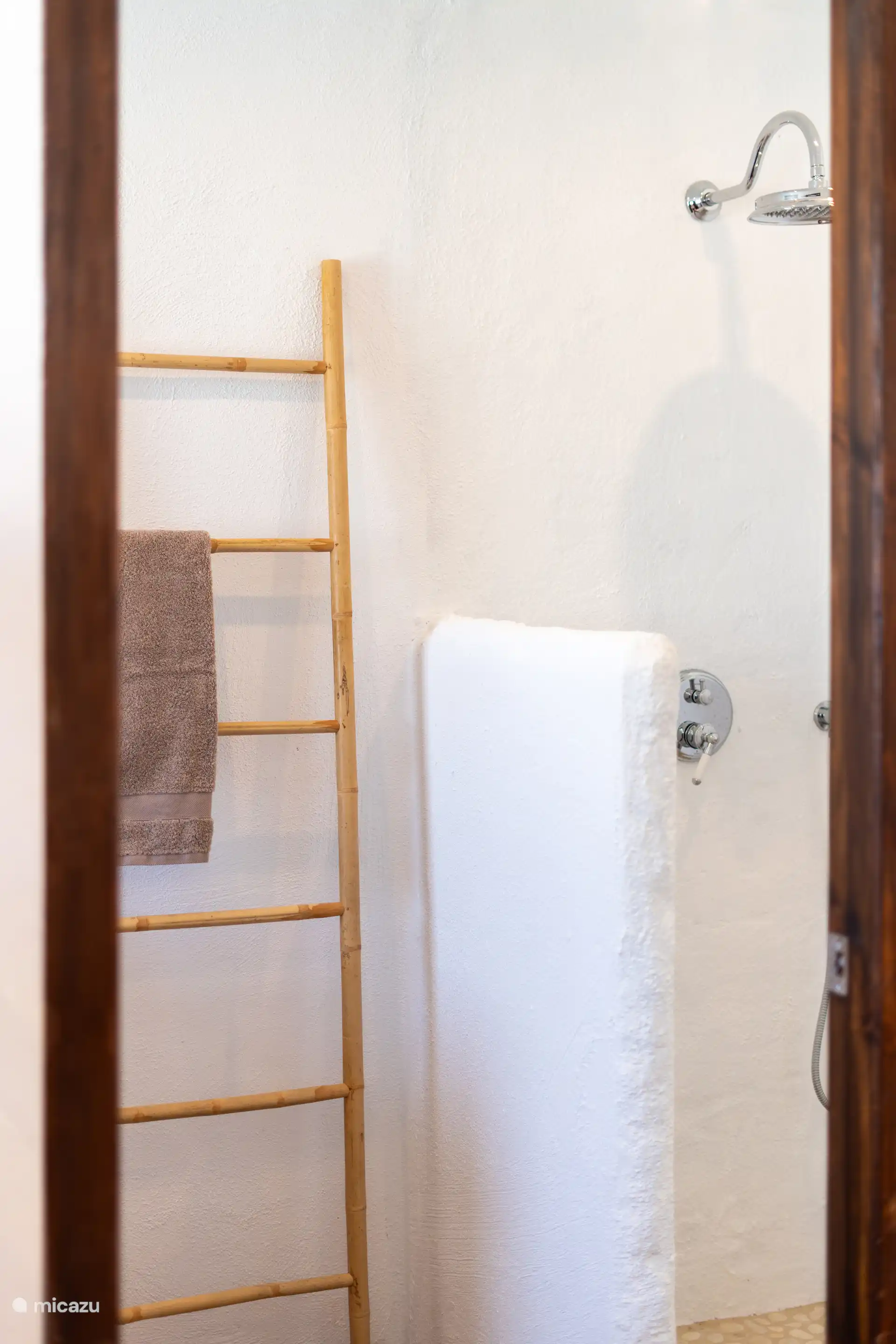 Zorgvuldige details in de badkamer, met een ladder voor handdoeken die een gezellig tintje geeft.