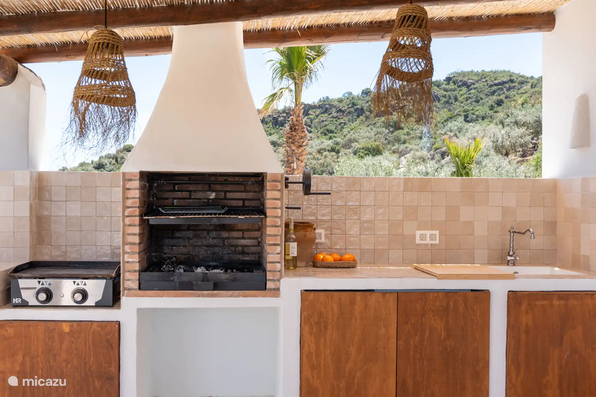 Buitenruimte met fornuis, gasbakplaat, barbecue en gootsteen, ideaal om tijdens het koken te genieten van de frisse lucht