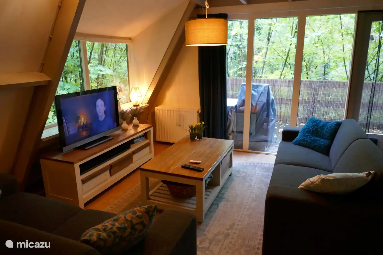 Gemütliches Wohnzimmer mit allem Komfort mit Blick in die Natur.