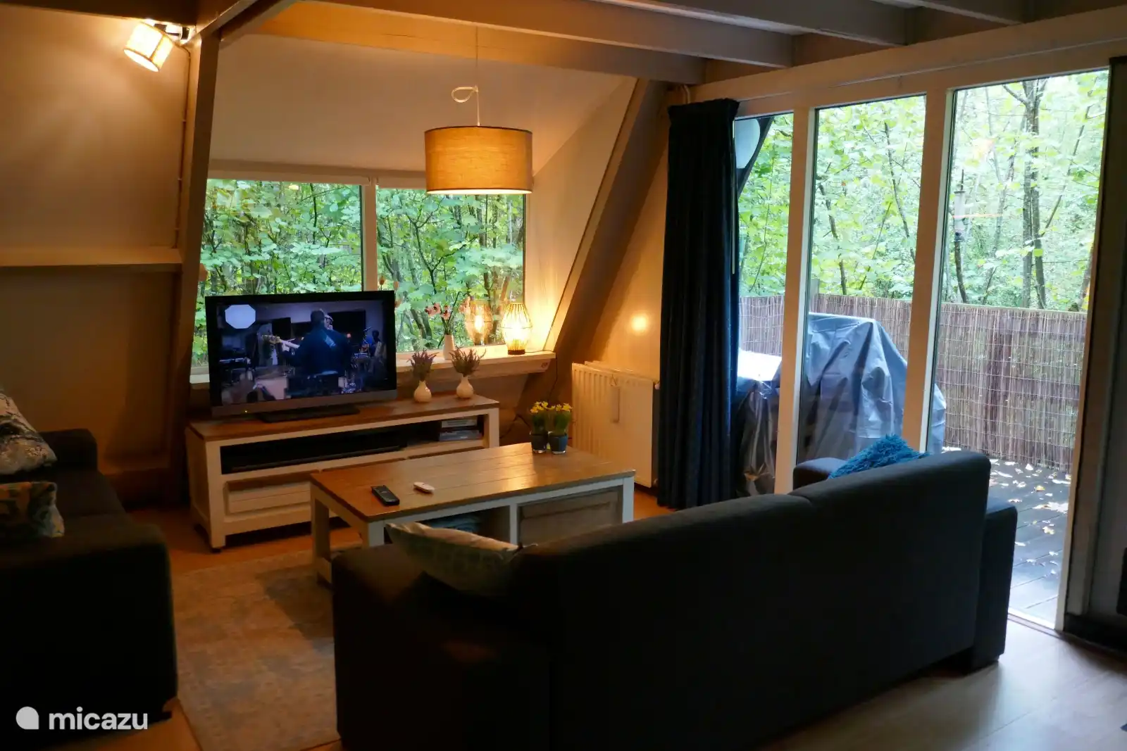 Gemütliches Wohnzimmer mit allem Komfort mit Blick in die Natur.