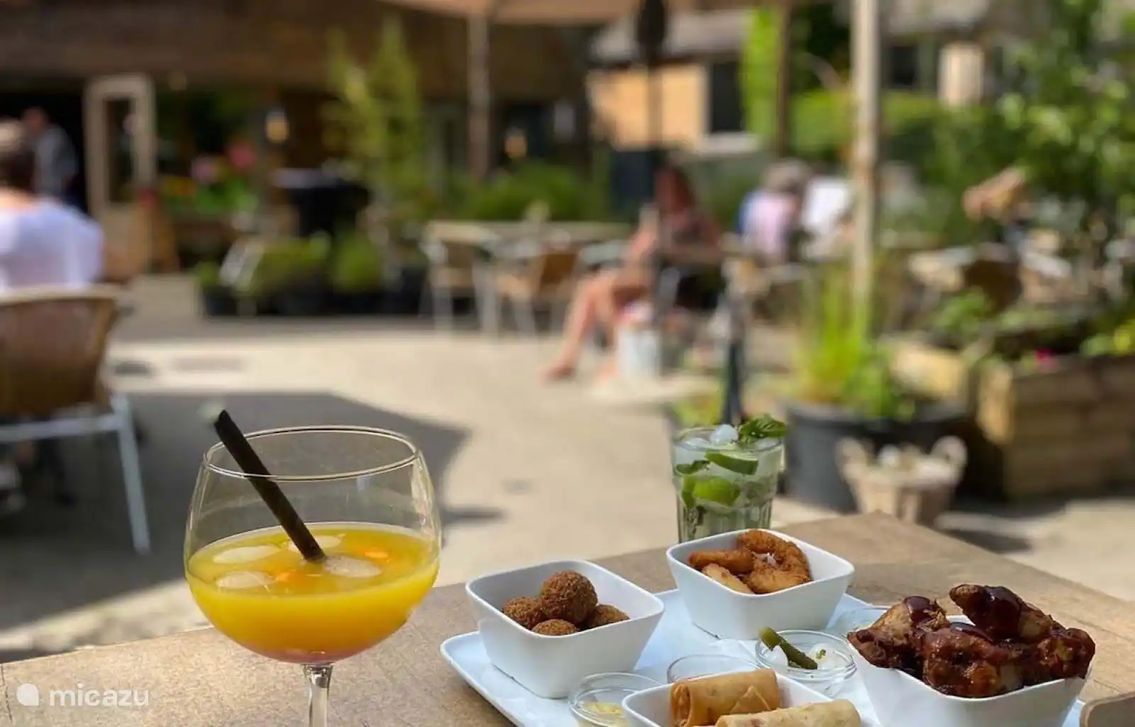 Köstliches Essen in der Natur auf einer attraktiven Terrasse mit modernem Look und entspannender grüner Umgebung.