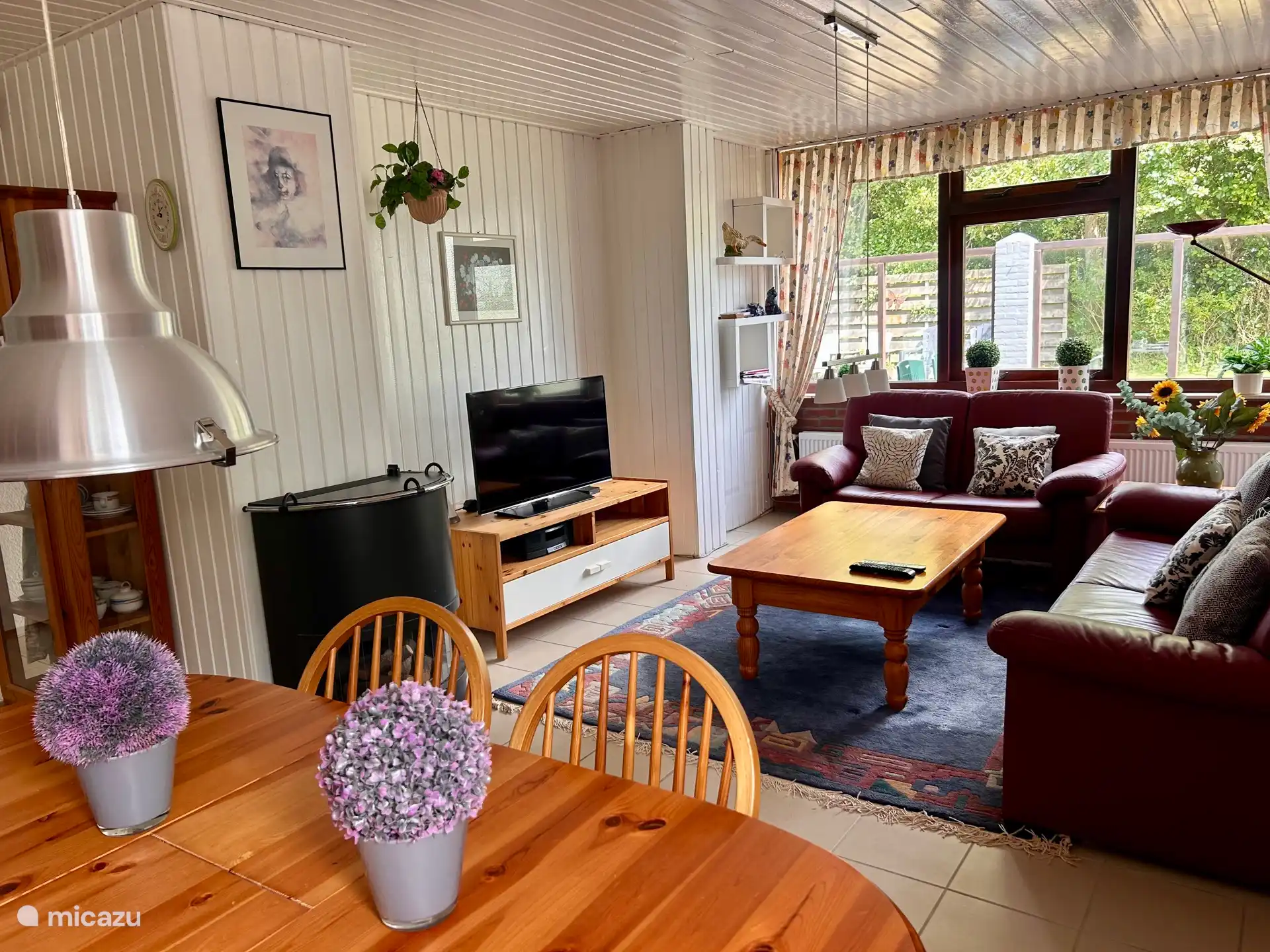 eet/woonkamer met houtkachel en televisie