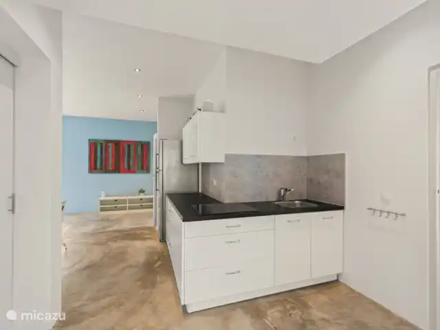 Artistieke Villa Scoop met zeezicht huren in Curaçao, Banda Ariba (oost), Bapor Kibra - villa Keukentje bij het appartement met stove, koekast en vriezer.