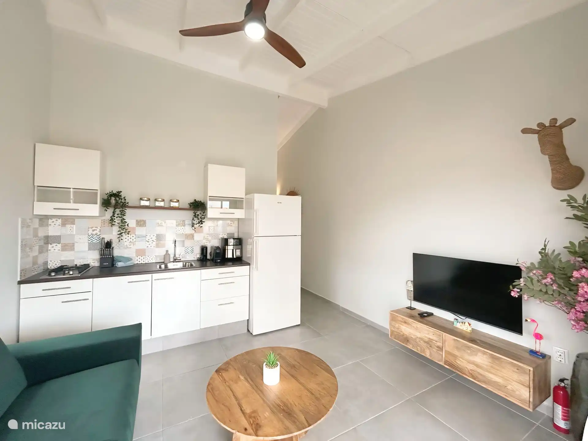 Salon avec cuisine et smart TV. 