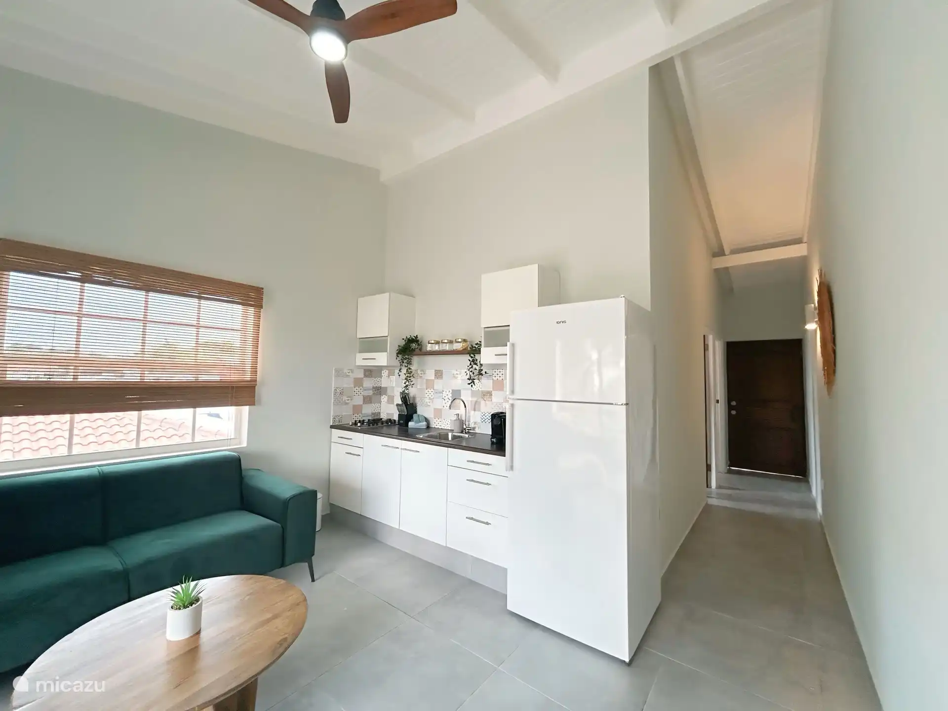 Salon avec cuisine et smart TV. 