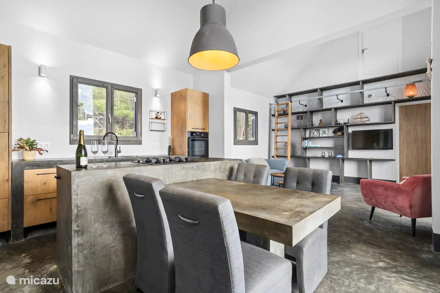 spacious kitchen and living room