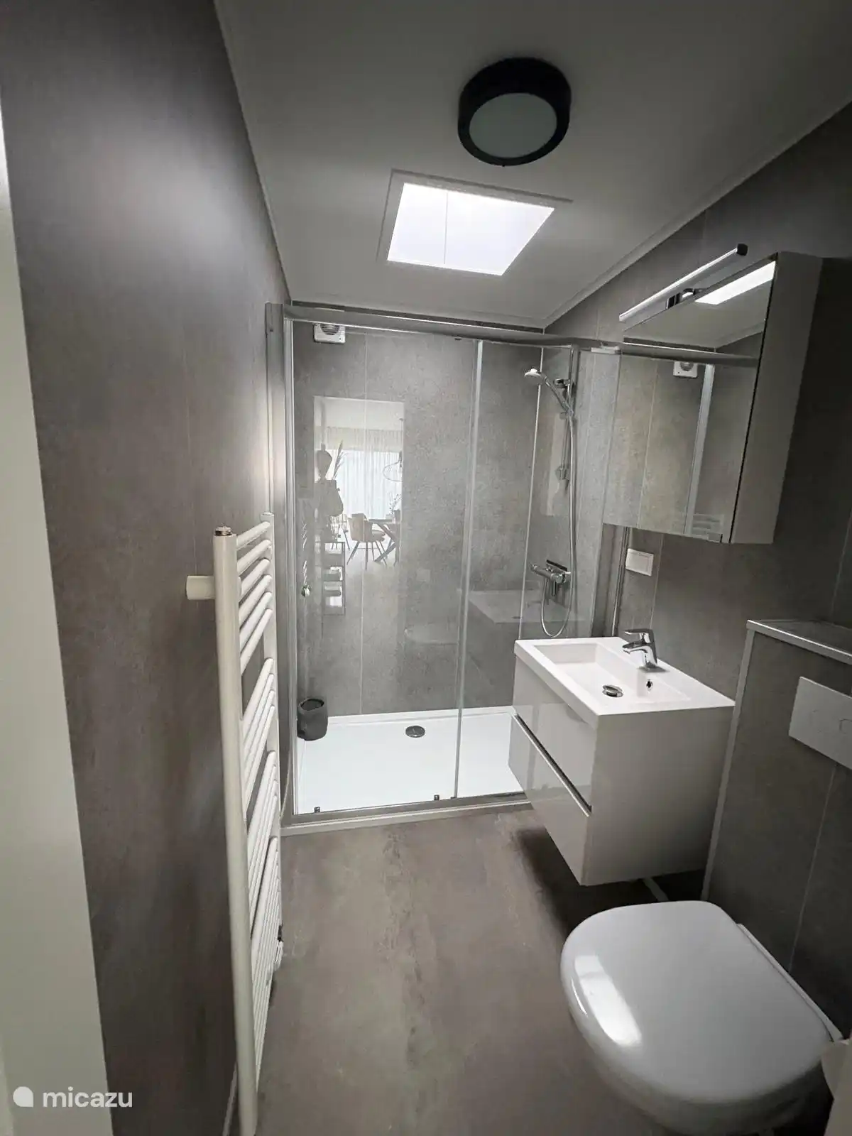 Badezimmer mit Dusche, WC und Waschbecken