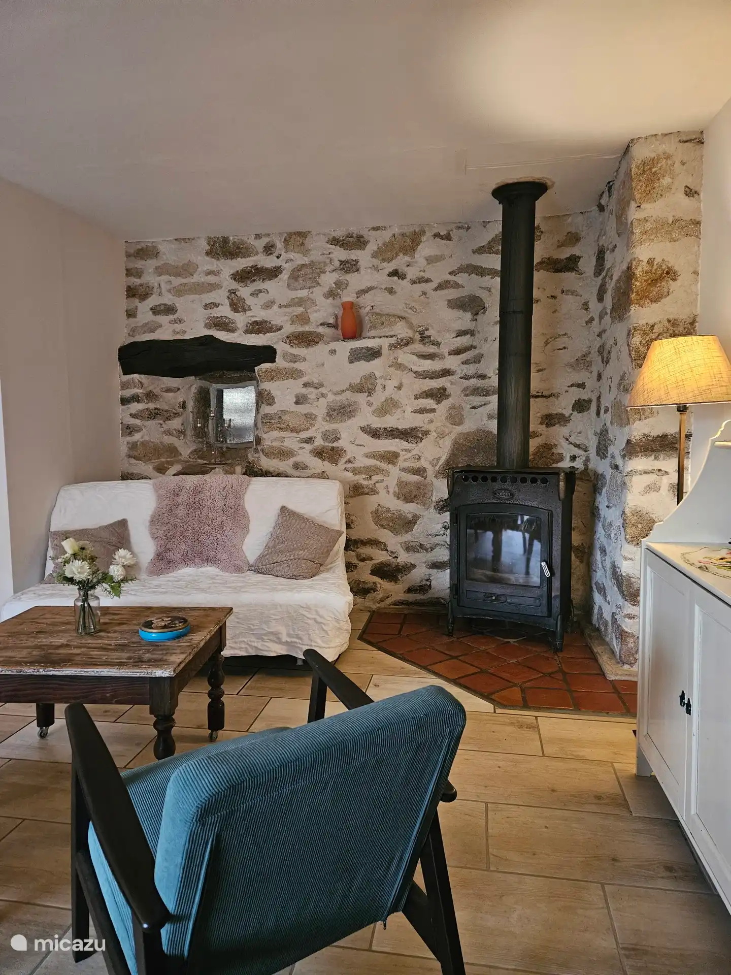 Salon avec poêle à bois