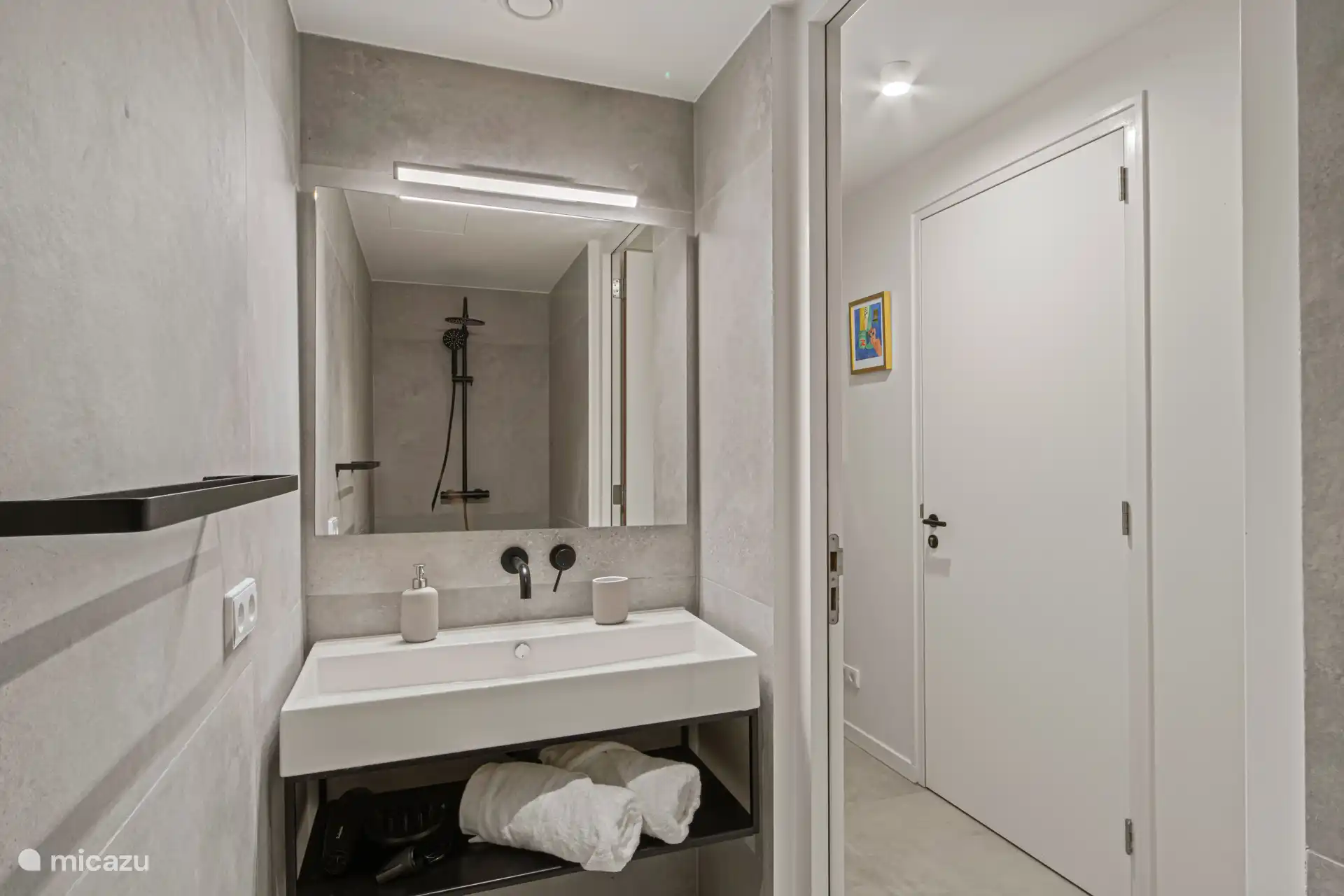 Im Flur befindet sich ein modernes Badezimmer mit ebenerdiger Dusche und Waschbecken.