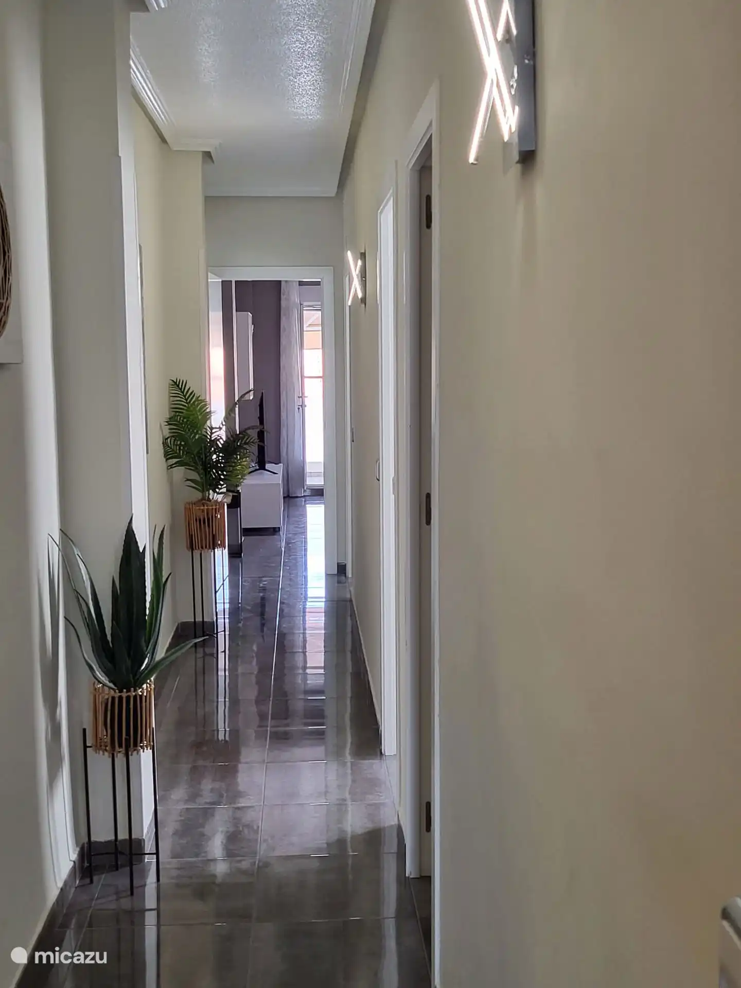 Gang naar volgende slaapkamer, badkamer, leefruimte met open keuken en balkon