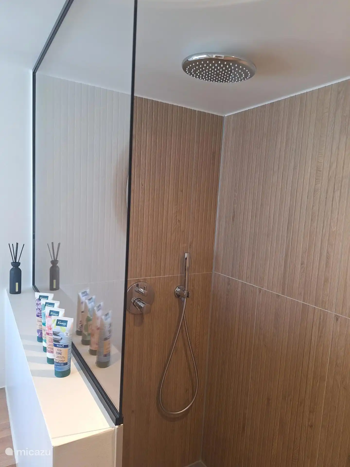 Luxurious bathroom with walk-in shower with rain shower